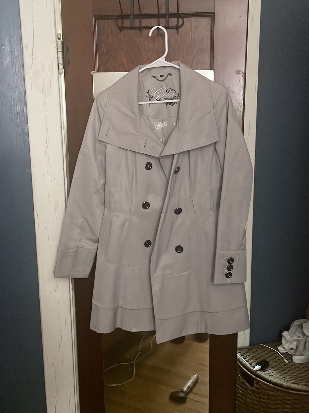 Guess Light Gray Double-Breasted Trench Coat